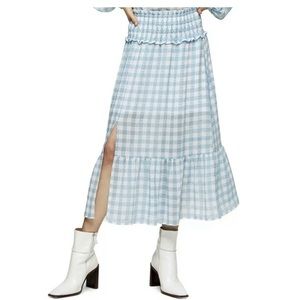 Topshop Gingham Smocked Tiered Midi Skirt Blue White Prairie